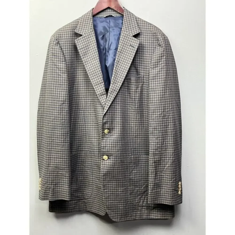 Thomas Dean Blazer Sport Coat Mens Large Plaid two button blue tan 44R Casual